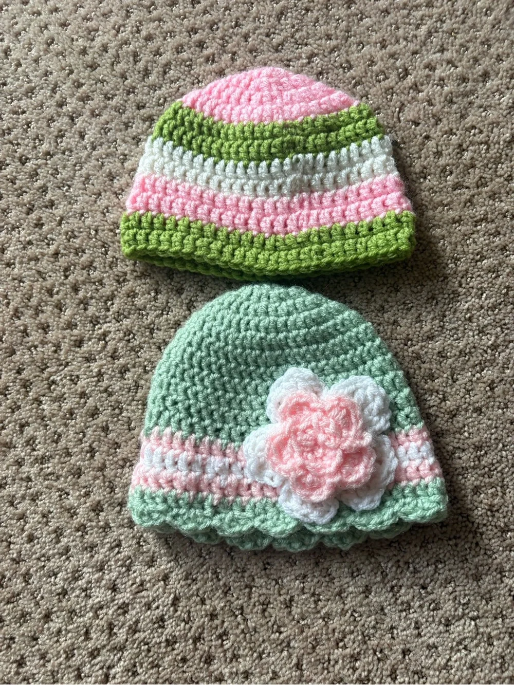 Handmade Pink & Green Crochet Baby girl Hats with Flower Accent
